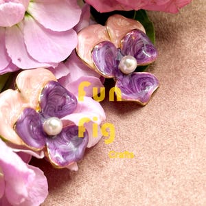 Hand Painted Pansy Flower Enamel Purple Earrings - Floral Pearl Handmade Copper Gold Plated Earrings - Gifts for Her