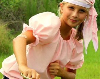 Child Pirate , Pirates Girl Halloween Costume Pink Shirt and Pink crushed velvet Bandana