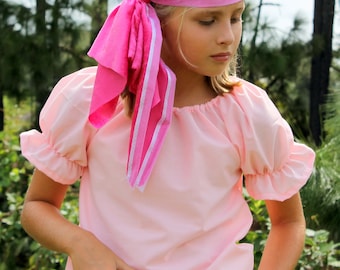 Izzy Inspired Pirate Girls Costume Pink Shirt and Pink crushed velvet Bandana Toddler through Kids sizes up to 10 years old