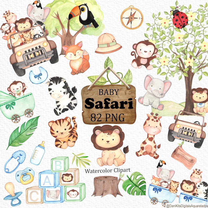Safari Watercolor PNG Clipart Pack Baby Shower Cute Jungle Animals With ...