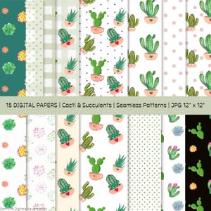 Pode incluir: Uma coleção de 15 papéis digitais com cactos e suculentas em vários padrões. Os designs incluem cactos verdes em vasos rosa, bolinhas e arranjos florais. O texto diz "15 DIGITAL PAPERS | Cacti & Succulents | Seamless Patterns | JPG 12" x 12"."