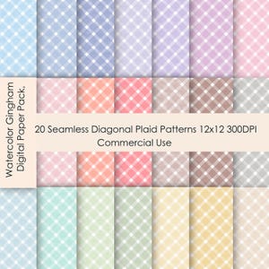 Pode incluir: Um pacote de papel digital com 20 padrões de xadrez diagonal sem costura em tons pastel. Os desenhos xadrez incluem cores como azul, rosa, pêssego e verde. O texto diz "Watercolor Gingham Digital Paper Pack, 20 Seamless Diagonal Plaid Patterns 12x12 300DPI Commercial Use."