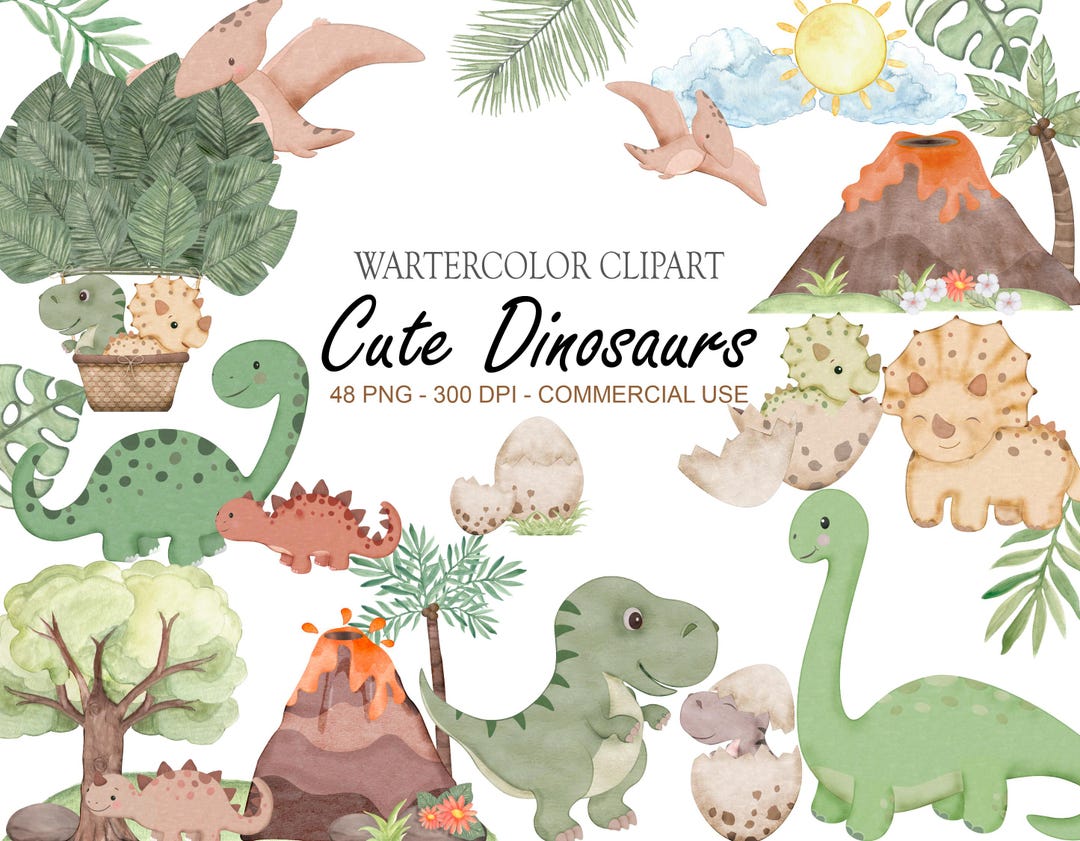 Watercolor Dinosaur Clipart Cute Dinosaurs PNG Dinosaurs Children's ...
