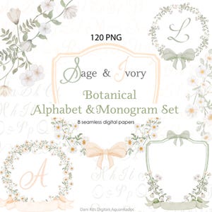 Pode incluir: Um conjunto digital chamado "Sage & Ivory Botanical Alphabet & Monogram Set" com grinaldas florais, laços e as letras "L" e "A". O conjunto inclui 120 arquivos PNG e 8 papéis digitais sem costura. O design apresenta flores em aquarela.