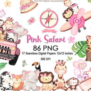 Pode incluir: Ilustrações em aquarela com tema de safári rosa. Inclui um jipe rosa com animais, uma bússola, um avião e vários animais de safári. O texto "Pink Safari" e "86 PNG" também estão presentes.
