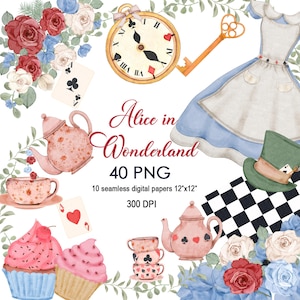 Alice in Wonderland Watercolor PNG Clipart Pack, 40 PNG-10 digital paper,Mad Hatter's Tea Party Objects from the Garbage Diary,Paper Crafts