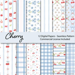 Pode incluir: Uma coleção de 12 papéis digitais com padrões contínuos. Os designs apresentam cerejas, arranjos florais e padrões xadrez em tons de vermelho, branco e azul. A palavra "Cherry" está escrita em itálico. Licença comercial incluída.