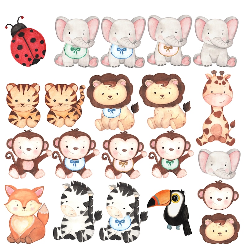 Safari Watercolor PNG Clipart Pack Baby Shower Cute Jungle Animals With ...