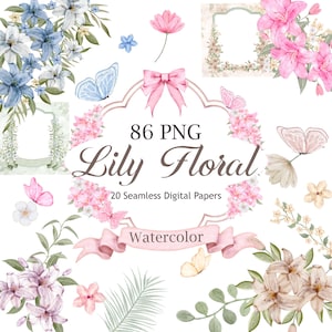 Pode incluir: Um conjunto gráfico digital em aquarela com desenhos florais de lírios. A imagem inclui vários arranjos florais, borboletas e uma faixa rosa com a palavra "Watercolor". O texto "86 PNG" e "Lily Floral" também estão presentes.
