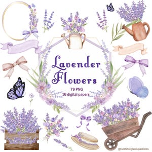 Lavender Floral Watercolor Clipart PNG, Flower Bouquets, Crests, Seamless Lavender and Floral Digital Papers, Butterflies,Wedding Invitation