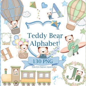 Teddy Bear Alphabet Clipart Watercolor Baby Boy Nursery Airplane Hot Air Balloon Train Seamless Paper Scrapbook Commercial Use Sublimation