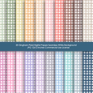 Pode incluir: Uma coleção de 20 papéis digitais com um padrão xadrez gingham em várias cores, incluindo verde, amarelo, laranja, rosa, vermelho, castanho e azul. Cada papel tem um fundo branco sem costura e mede 30,48 cm x 30,48 cm.
