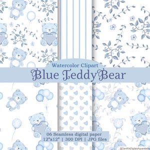 Seamless Blue Teddy Bear Watercolor Patterns, Continuous Digital Paper for Nursery, Baby Boy Shower Background, Scrapbook, Instant Download