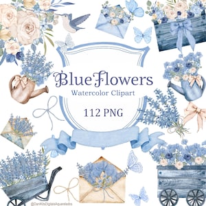 Dusty Blue Floral Clipart PNG, Watercolor Flower Elements for Wedding Invitations 112 Pcs Mega Bundle Something Blue Stationery Graphics