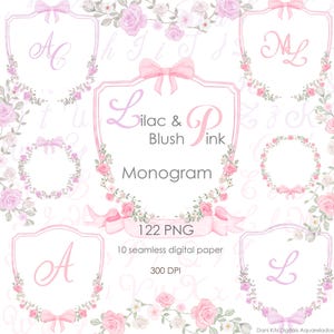 Pode incluir: Um design digital com molduras de monogramas florais em tons de lilás e rosa blush. As molduras são adornadas com laços e arranjos florais, com o texto "Lilac & Blush Pink Monogram" e "122 PNG".