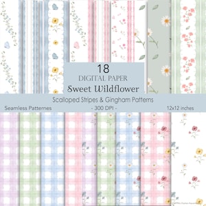 Pode incluir: Uma coleção de 18 designs de papel digital com padrões florais e xadrez. Os designs incluem listras onduladas e motivos de flores silvestres em cores pastel. O papel tem 30,48 x 30,48 cm e 300 DPI. O texto na imagem diz "Sweet Wildflower".