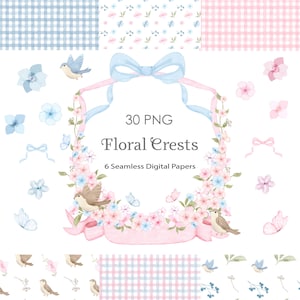 Può includere: Una composizione di arte digitale con stemmi floreali ad acquerello e carte digitali senza cuciture. Il design include una cornice a nastro rosa e blu con il testo "30 PNG Floral Crests, 6 Seamless Digital Papers". La tavolozza dei colori include rosa pastello, blu e bianco.