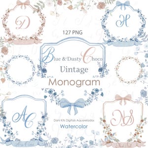 Pode incluir: Designs de monogramas vintage em aquarela em azul, rosa empoeirado e marrom. A imagem apresenta grinaldas florais, fitas e molduras com as letras D, H, A, C e N, S. O texto inclui "Blue & Dusty Choco Vintage Monogram" e "Watercolor".