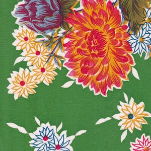 May include: A vibrant floral pattern featuring large, colorful blooms in shades of red, orange, and yellow, contrasted against a deep green background. Smaller white, blue, and yellow flowers are scattered throughout the design.