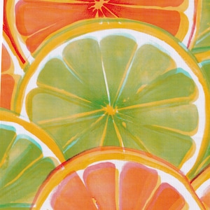May include: A close-up of a colorful pattern of overlapping citrus fruit slices. The slices are arranged in a circular pattern, with the orange slices on top and the lime slices underneath. The colors are vibrant and the texture is smooth.