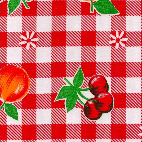 Gingham and Fruit Red Oilcloth By The Yard