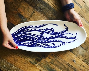 serving platter, hand painted, octopus, blue and white, oval bread server, 20"long coastal pottery