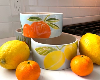 serving bowls, lemon, orange, fields, set of three ceramic bowls.