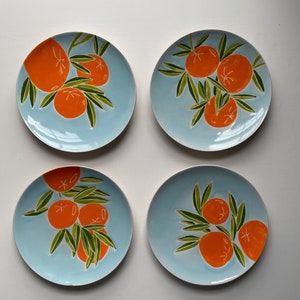 Etsy, orange tree pottery, orange, green, blue, handmade, set of four hand painted ceramic plate image 1