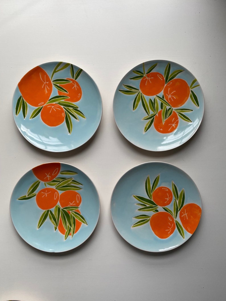 Etsy, orange tree pottery, orange, green, blue, handmade, set of four hand painted ceramic plate image 1