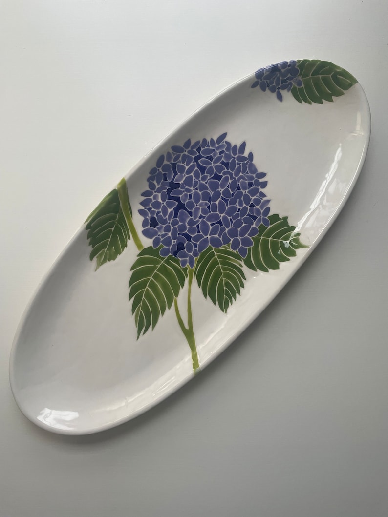 Etsy, hydrangea pottery, serving ware, handpainted ceramic serving oval platter image 3