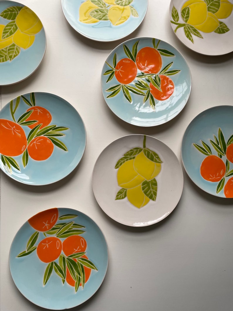 Etsy, orange tree pottery, orange, green, blue, handmade, set of four hand painted ceramic plate image 8