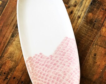 Platter, ceramic oval serving tray, pink and white fish scale, pottery