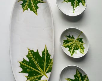 New item! green leaves, white and green ceramic serving set, maple leaf, tray and serving bowls hand painted