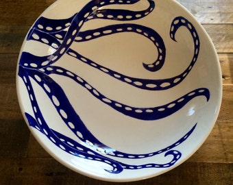 Large serving bowl, centerpiece, blue and white octopus ceramic serving bowl, pottery