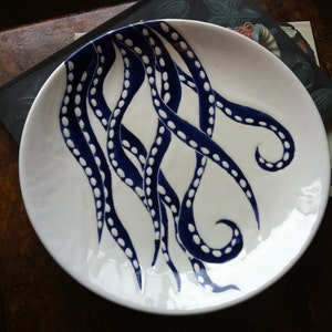 Navy blue octopus decor, round ceramic platter and dinner plate by Jessica Howard Ceramics image 1