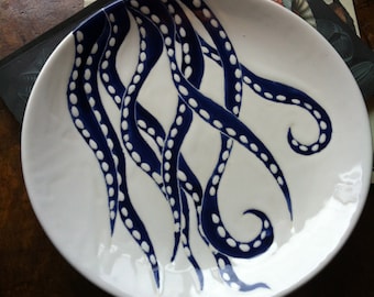 Navy blue octopus decor, round ceramic platter and dinner plate by Jessica Howard Ceramics