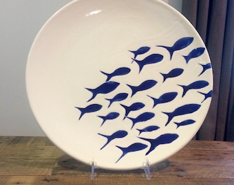 Large Ceramic serving platter, blue and white, &quot;school of fish&quot;