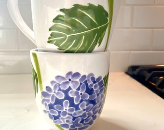 hydrangea pottery, handpainted mugs, blue, white and green