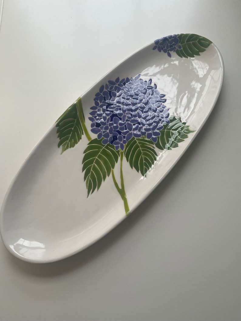 Etsy, hydrangea pottery, serving ware, handpainted ceramic serving oval platter image 2