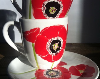 Red Poppy ceramic coffee and tea mug, poppy pottery, set of 2 By Jessica Howard Ceramics