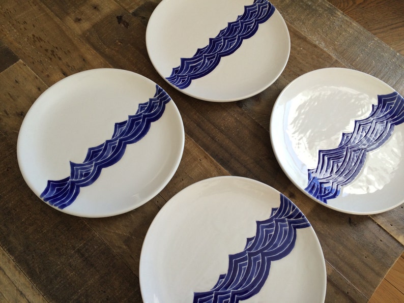 Dinnerware set of 4 ceramic dinner plates in blue ocean wave. 8 in diameter. Hand painted ceramic plates image 2