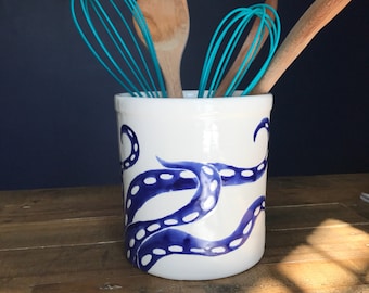 Utensil holder, blue and white, octopus, vase, wine cooler, hand painted pottery