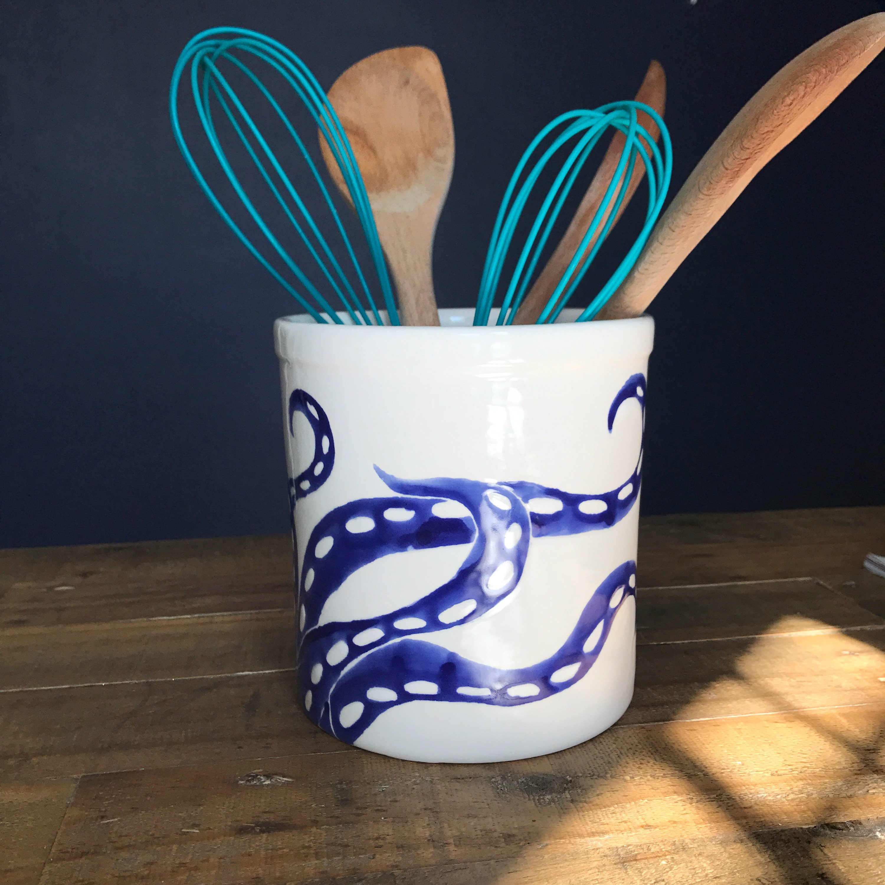 Utensil holder, blue and white, octopus, vase, wine cooler, hand painted pottery