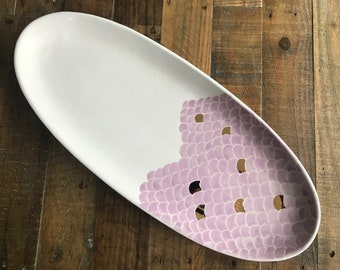 Sold Serving platter, Lavender and gold large hand made ceramic pottery scales serving tray