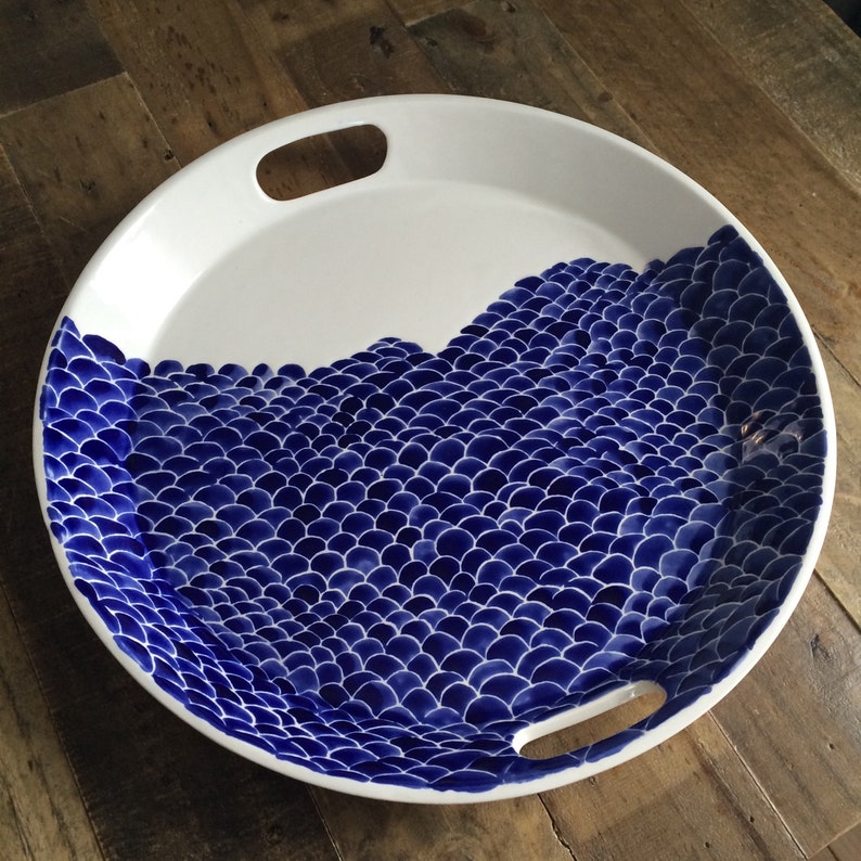 Blue fish scale round ceramic serving tray with handles blue Etsy