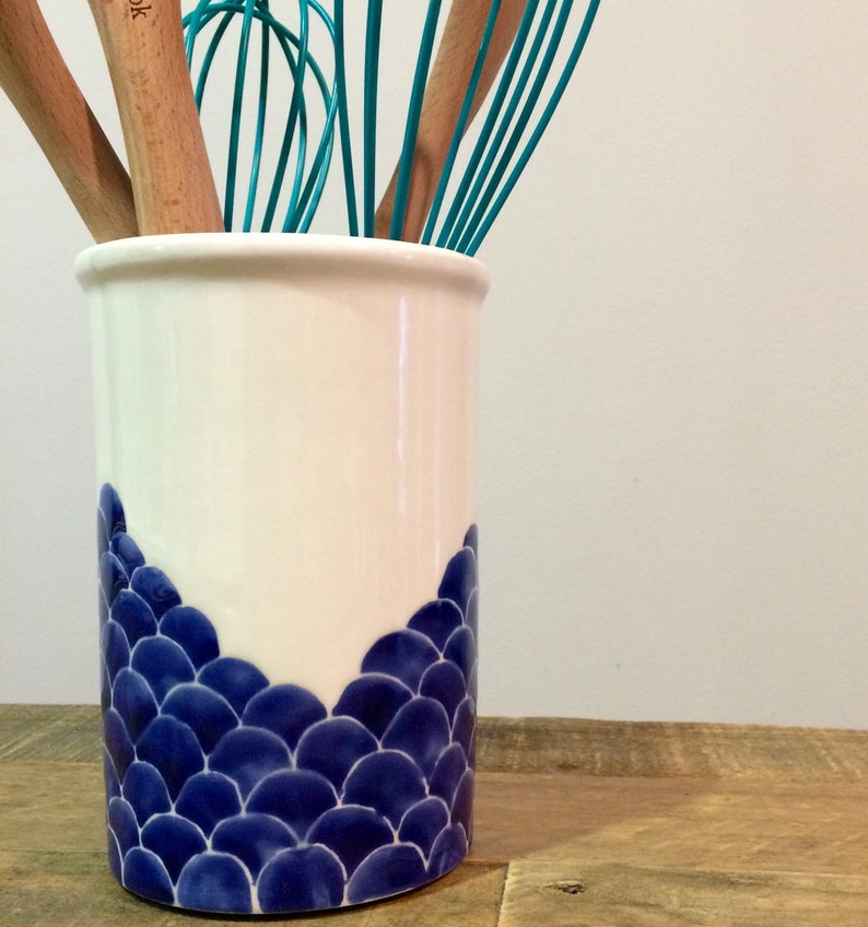 Utensil holder blue and white fish scale ceramic utensil Etsy