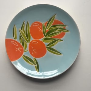 Etsy, orange tree pottery, orange, green, blue, handmade, set of four hand painted ceramic plate image 5