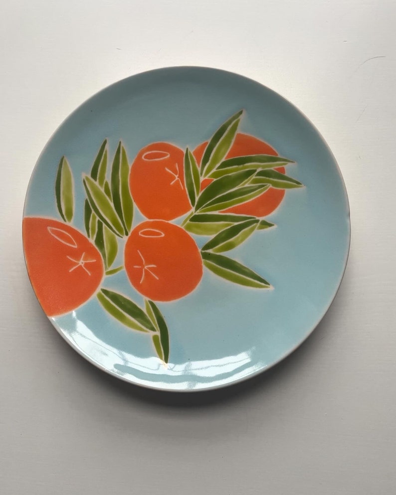 Etsy, orange tree pottery, orange, green, blue, handmade, set of four hand painted ceramic plate image 5