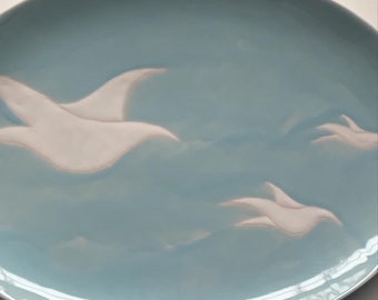 Etsy, blue and white, bird, flying, ceramic ceramic serving platter, dish