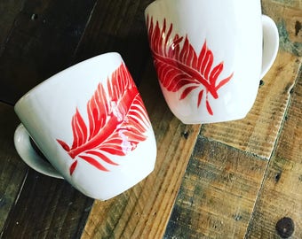 Feather mugs, red and white, ceramic pottery, hand painted earthenware